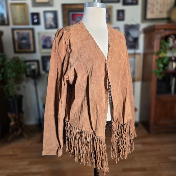Forever 21 Plus Brown Pigskin Leather Fringe Jacket Western Open Front Womens - Picture 6 of 8